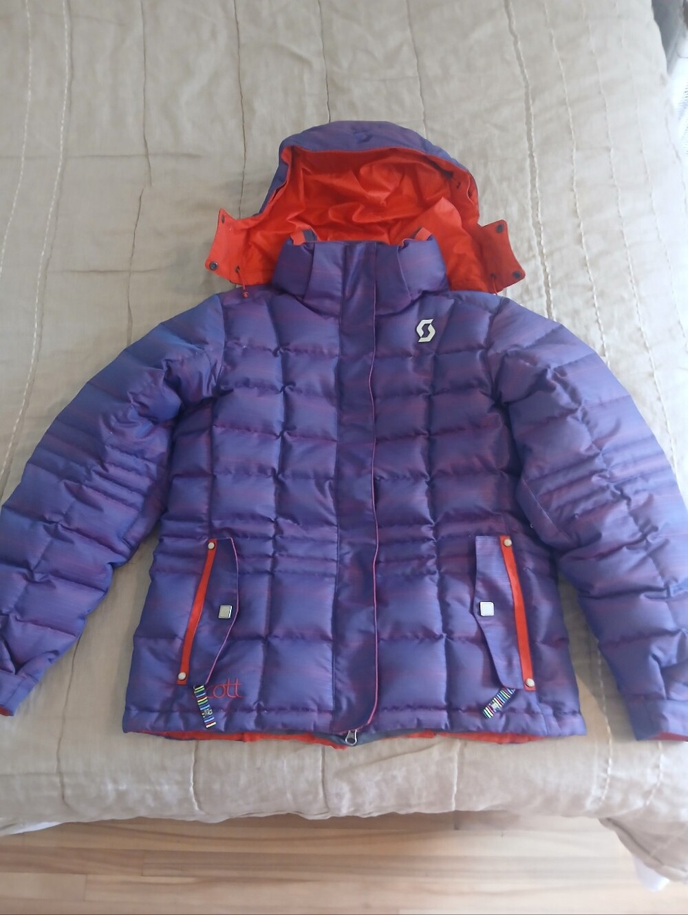 Scott Woman  Purple Puffer Jacket with Orange Hood Lining